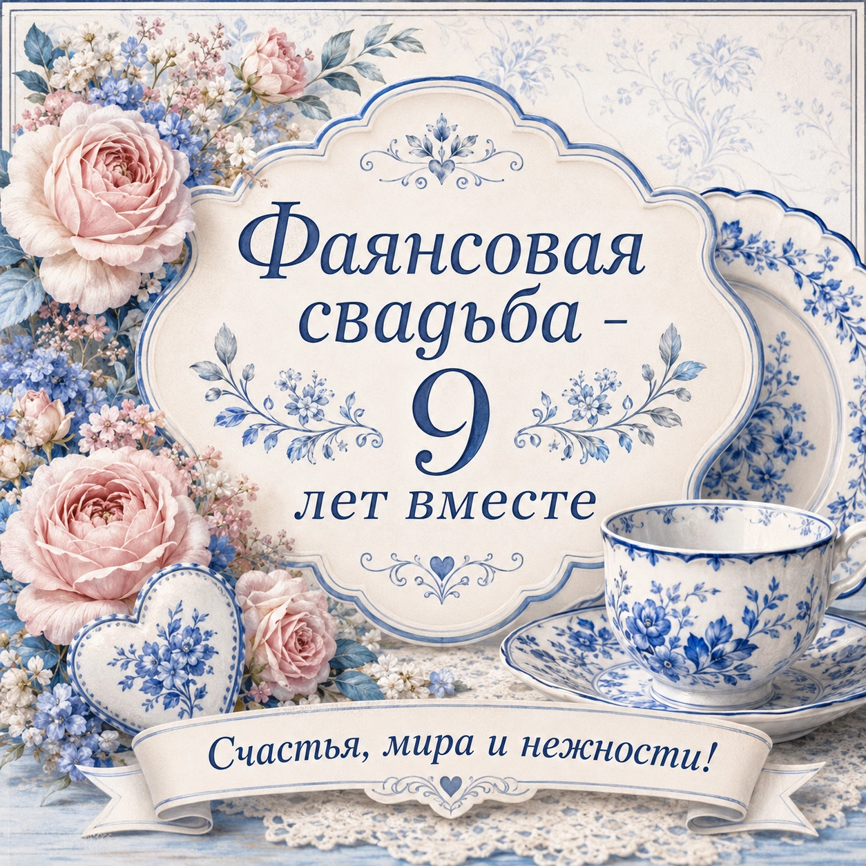 Нежная открытка с фаянсовой свадьбой и пожеланием счастья, мира и нежности