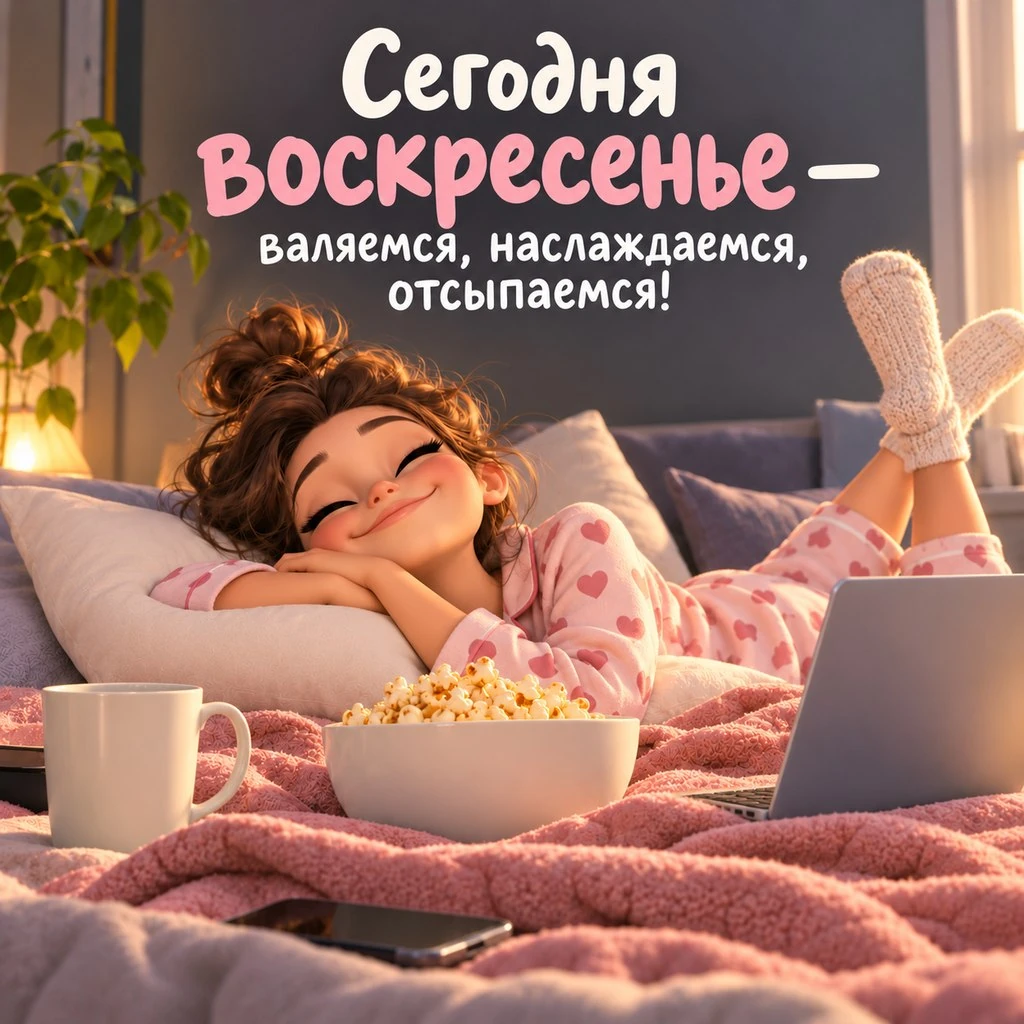 Прикольная открытка с надписью «Сегодня воскресенье — валяемся, наслаждаемся, отсыпаемся!»