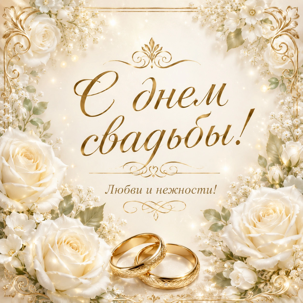 Открытка с надписью «С днем свадьбы! Любви и нежности!»