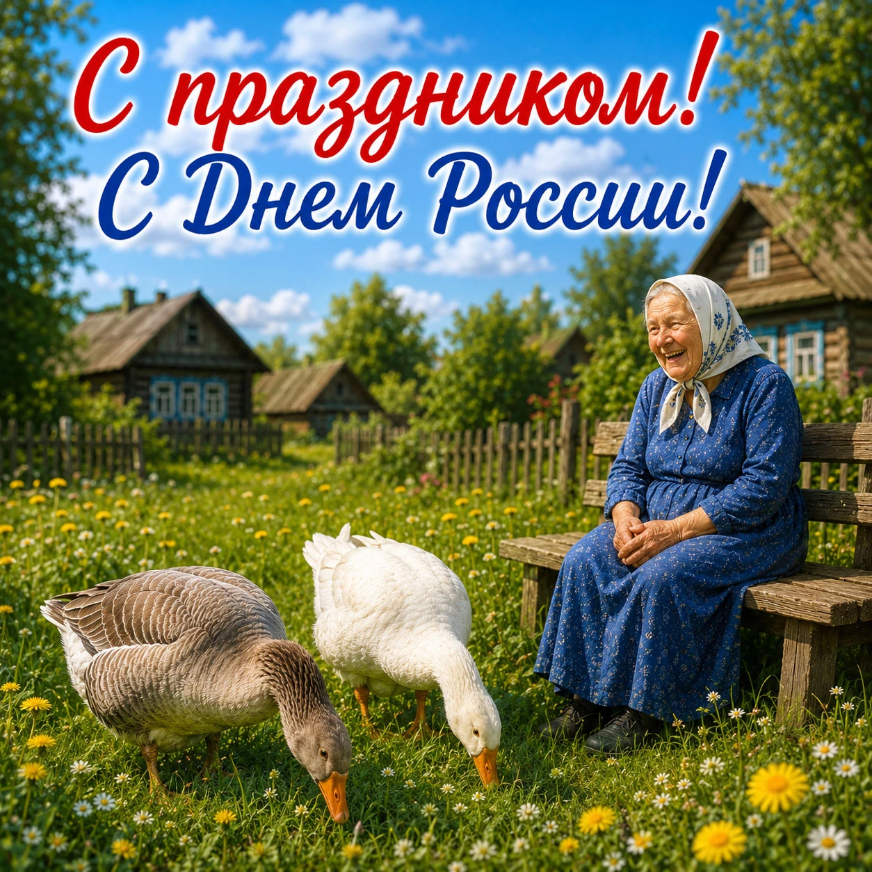 Бабушка с гусями в деревне