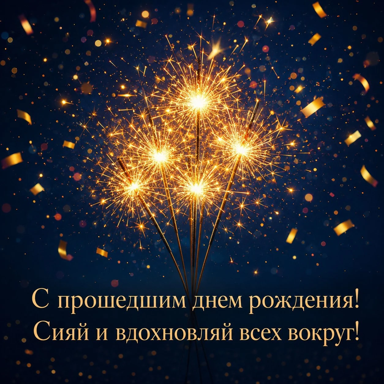 Красивая открытка с прошедшим днем рождения с бенгальскими огнями
