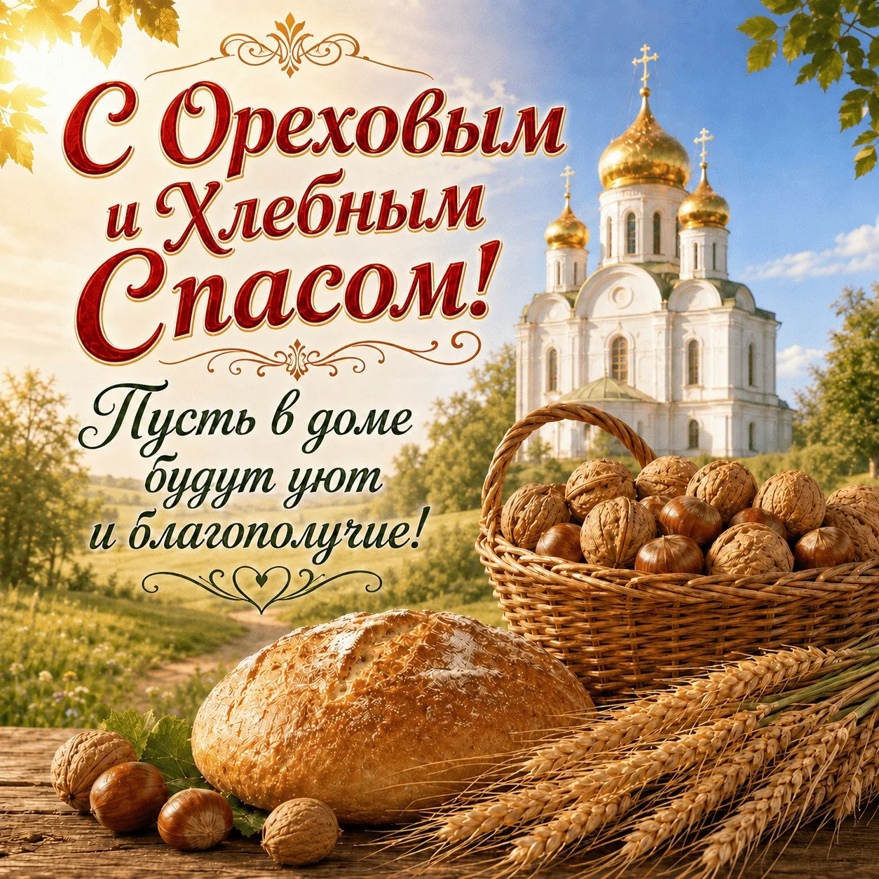 Красивая открытка с Ореховым и Хлебным Спасом