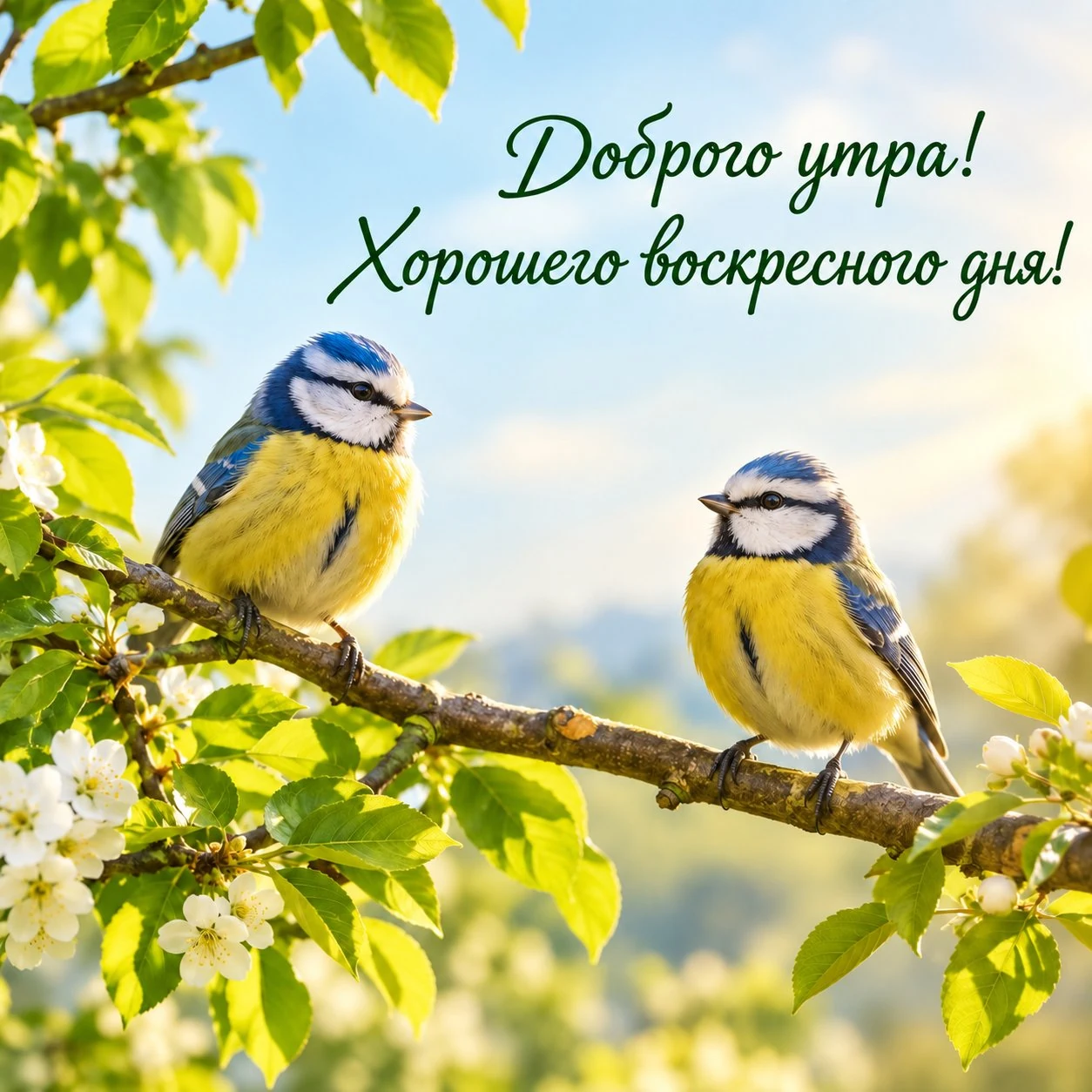 Открытка с птицами на ветке и надписью «Доброго утра! Хорошего воскресного дня!»