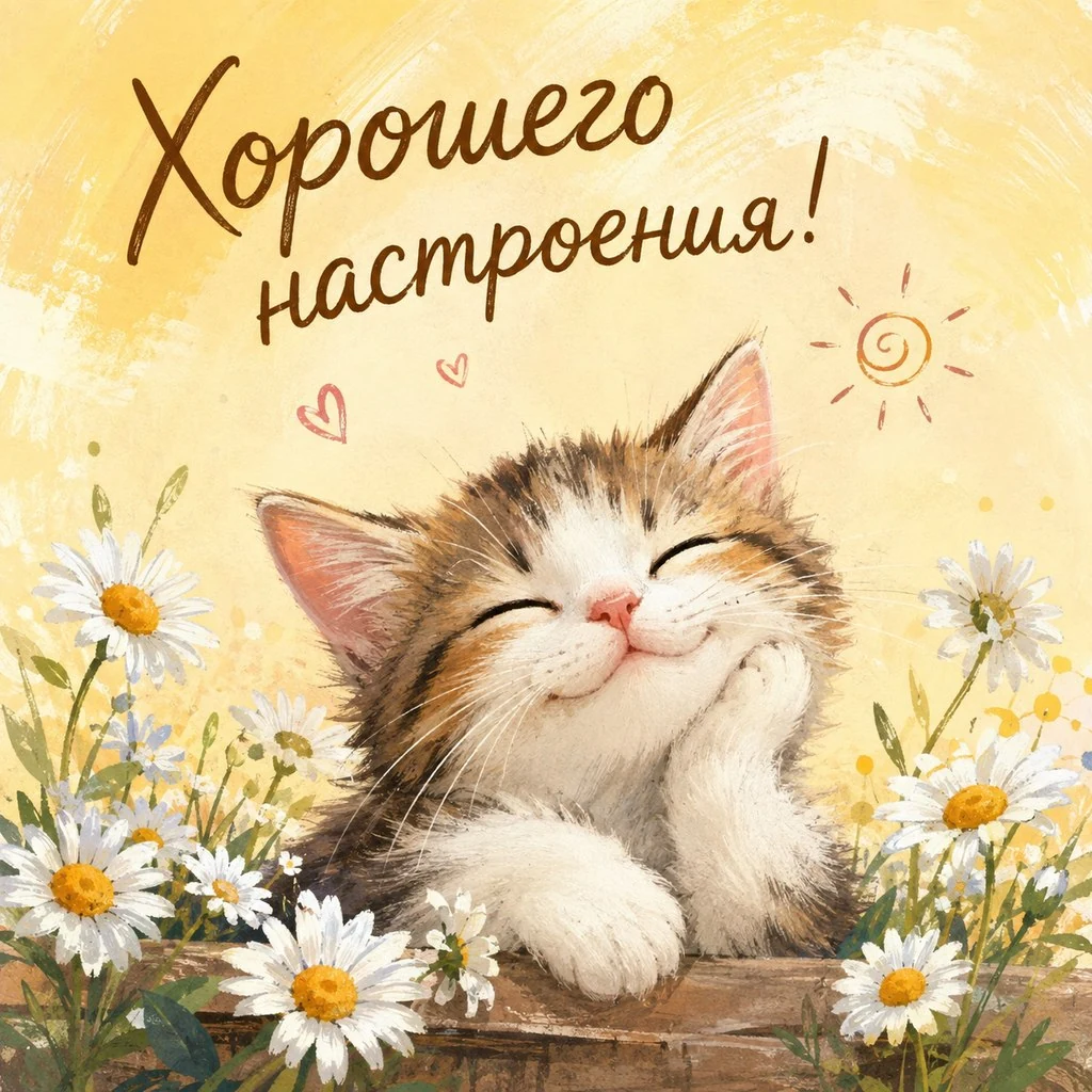 Открытка с котенком и пожеланием хорошего настроения