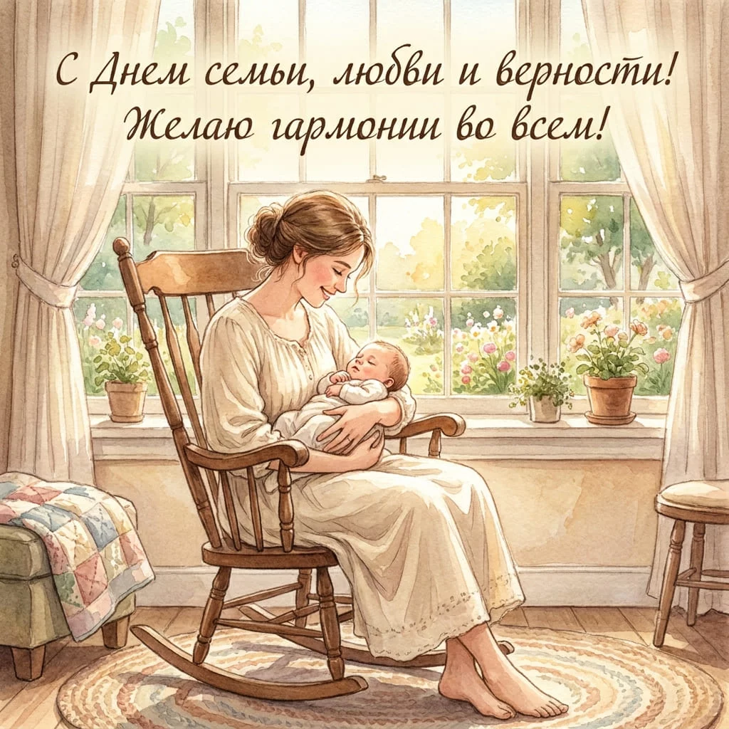 Нежная акварельная открытка с матерью и младенцем у окна и поздравлением «С Днем семьи, любви и верности! Желаю гармонии во всем!»