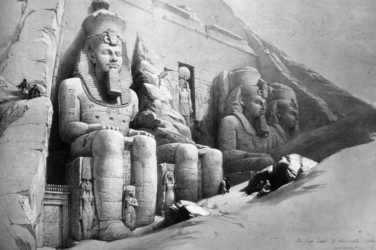 <p>Приблизительно 1840 год. Четыре статуи с обликом Рамсеса II возле входа в храм фараона в Абу-Симбеле</p>