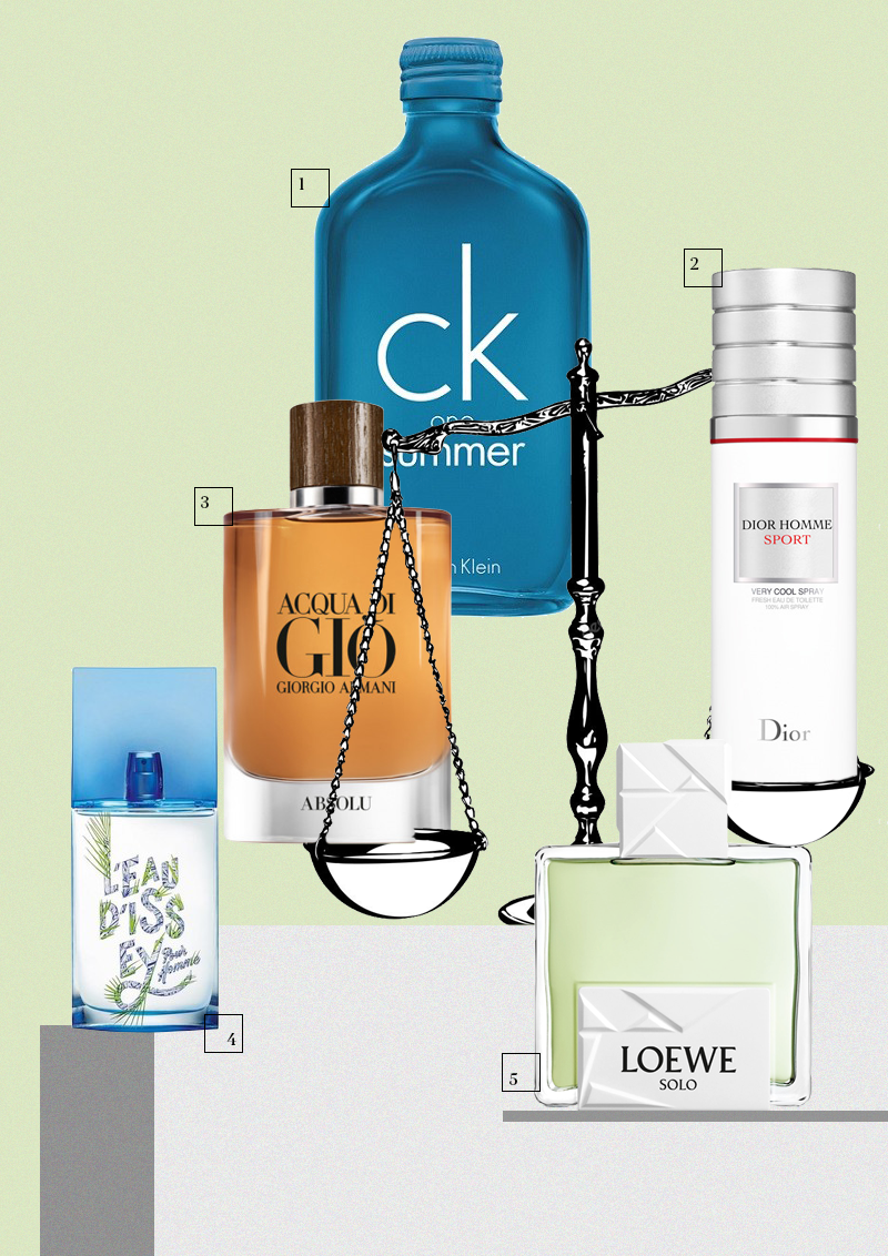 1. CK One Summer, Calvin Klein.
2. Dior Homme Sport Very Cool Spray, Dior
3. Aqua Di Gio Absolu, Giorgio Armani
4. L&rsquo;еau D&rsquo;Issey, Issey Miyake
5. Solo Loewe Origami, Loewe