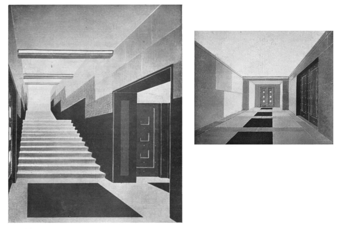 Проект интерьера вестибюля и лестницы траурного зала, Алексей Щусев, 1929 год. Иллюстрация из книги «Архитектура Мавзолея Ленина», Н.Н. Стоянов, 1950 год