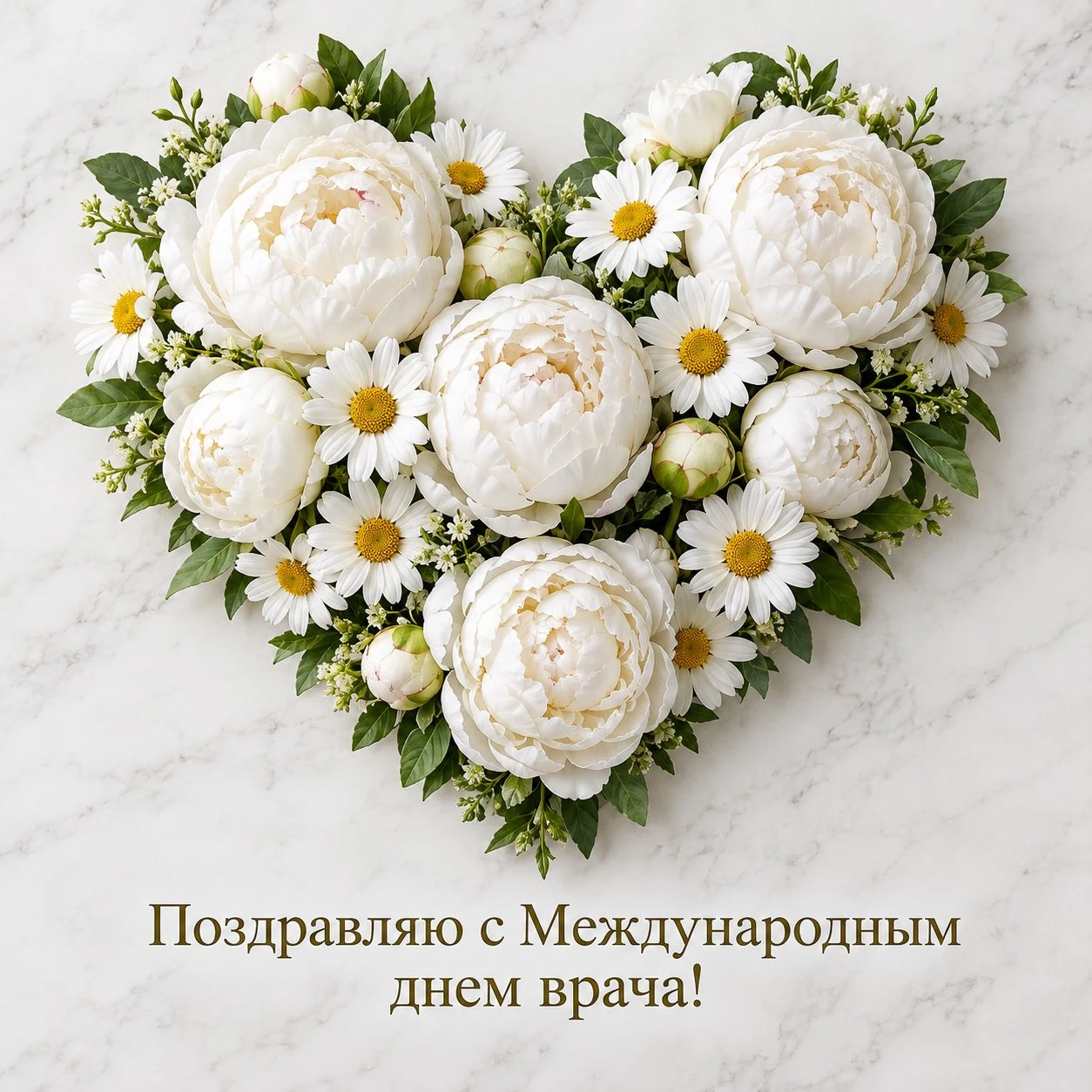 Открытка к Международному дню врача с сердцем из белых пионов