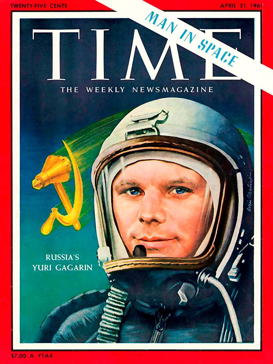 В апреле 1961 года на обложке Time появился Юрий Гагарин. Журнал рассказывал и о самом космонавте, и о том, что этот полет значил для СССР.

&laquo;Не стоит удивляться, что официальная биография Гагарина звучит так, будто ее специально сочинили для такого случая. Жаждущему подробностей миру представлен безупречный портрет советского &laquo;нового человека&raquo; &mdash; примерный аналог образцового американского бойскаута откуда-нибудь из Айовы. &lt;...&gt; Сегодня каждый старт ракеты &mdash; не только научный эксперимент, но и пропагандистский ход. На сей раз, однако, даже плохо организованное и страдающее неточностями пропагандистское сопровождение нисколько не смазало впечатление от великого научно-технического прорыва. Уже через день после полета Москва встречала Гагарина как героя&raquo;, &mdash; писал журнал.

Значительная часть материала посвящена и тому, почему русским удалось обогнать американцев в космической гонке: &laquo;Поражения США в космосе обусловлены несколькими решениями на самом высоком уровне, принятыми уже давно. Пожалуй, самая серьезная проблема нашей космической программы &mdash; отсутствие достаточно мощного и надежного двигателя для первой ступени ракеты-носителя&raquo;.
