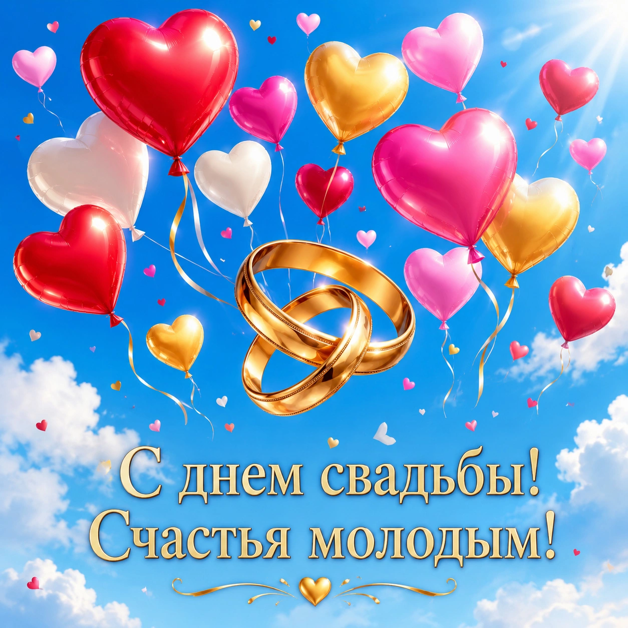 Открытка с воздушными шарами-сердцами и надписью «С днем свадьбы! Счастья молодым!»