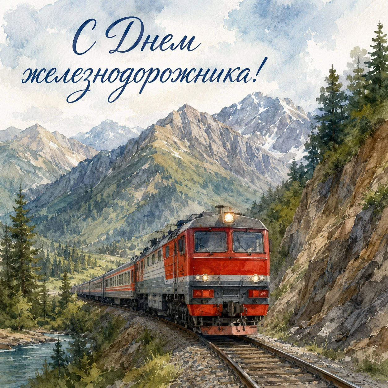 Акварельная открытка с Днем железнодорожника