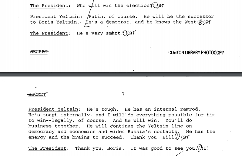 Отрывок из стенограммы разговора Бориса Ельцина и Билла Клинтона 19 ноября 1999 года. Скриншот: Clinton Digital Library