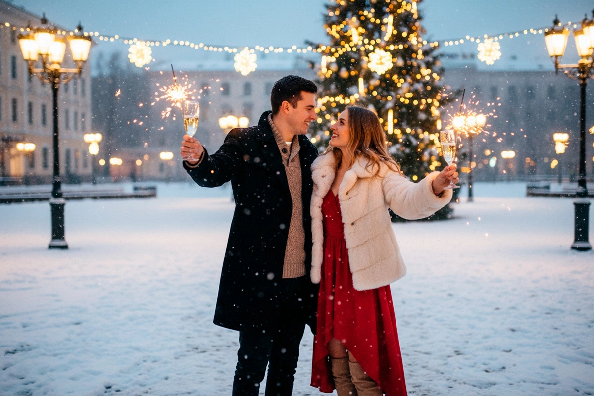 Добавьте городской романтики и праздничных огней для новогоднего фото вдвоем на улице
