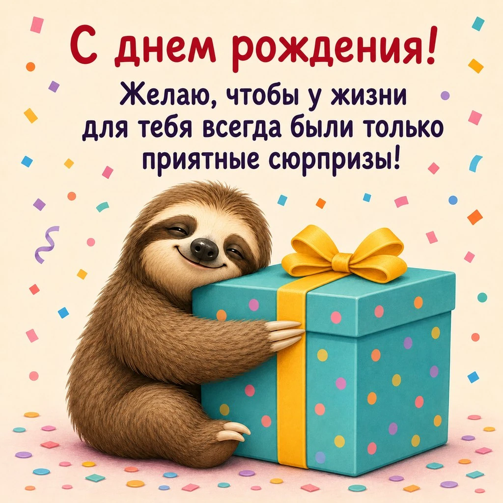 Прикольная открытка с днем рождения с пожеланием приятных сюрпризов