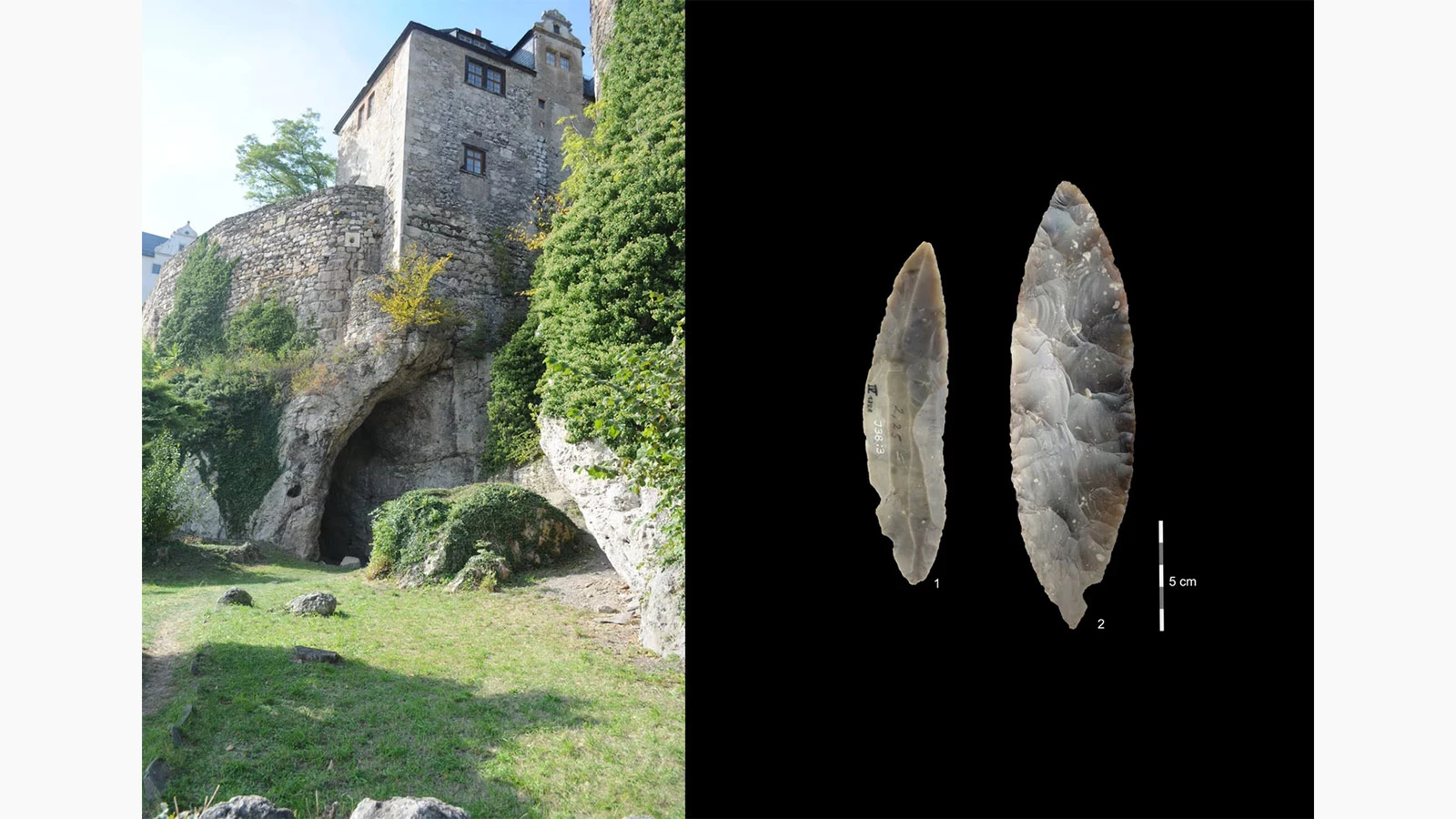 <p>Слева: пещере Ильзенхёле под замком в Ранисе. Справа: артефакты, найденные в пещере</p>