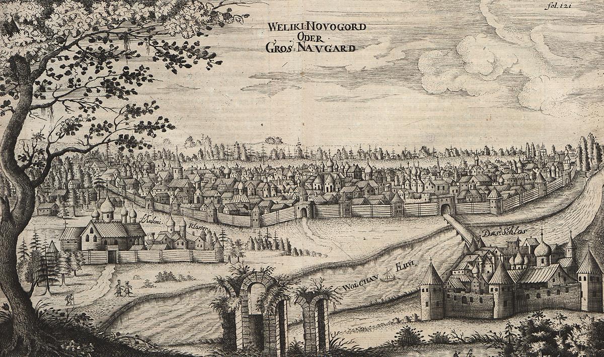 Великий Новгород, гравюра из книги Адама Олеария&nbsp;&laquo;Описание путешествия в Московию и через Московию в Персию и обратно&raquo;. 1647 год
&nbsp;