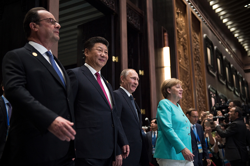 Президент Франции Франсуа Олланд, председатель КНР Си Цзиньпин, президент России Владимир Путин и&nbsp;канцлер Германии Ангела Меркель (слева направо) на&nbsp;саммите G20 в&nbsp;Китае


