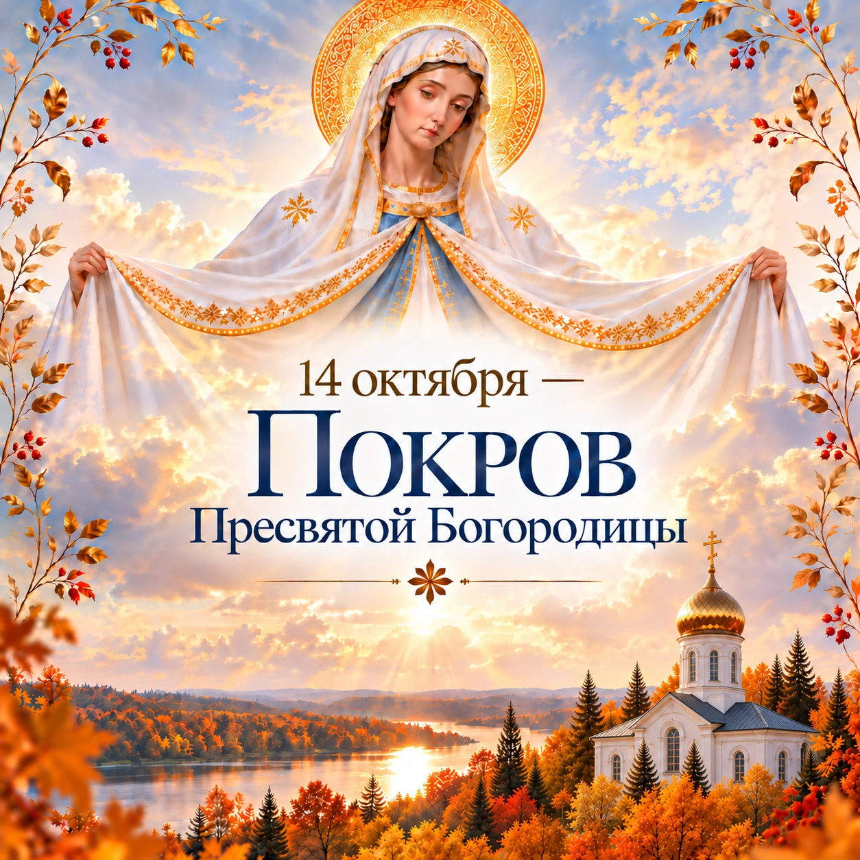 Открытка с надписью «14 октября — Покров Пресвятой Богородицы»