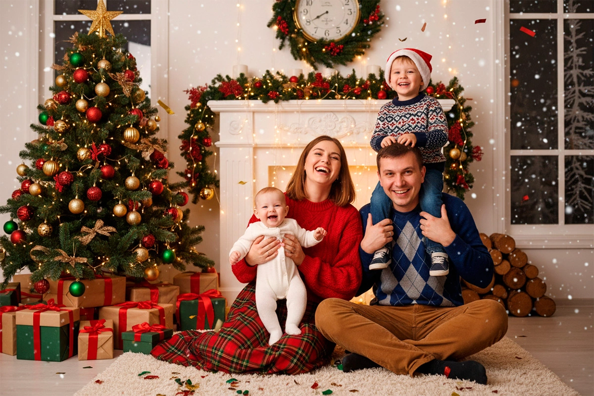 Выберите тему фотосессии — это может быть сюжет, связанный с историей семьи либо отсылающий к традиционным новогодним мотивами, сказам