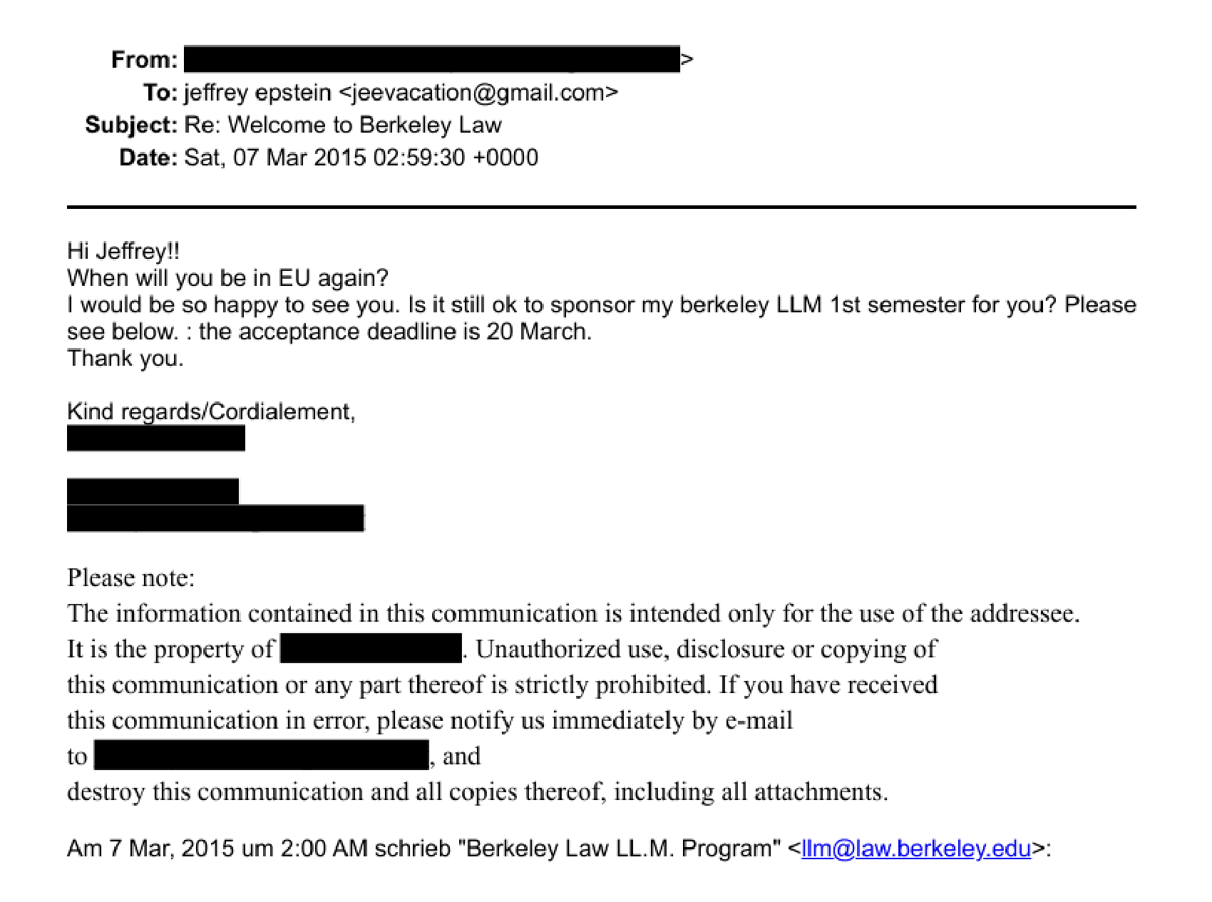 Девушка пишет Эпштейну, чтобы узнать, будет&nbsp;ли он спонсировать ее первый семестр обучения в Калифорнийском университете в Беркли.