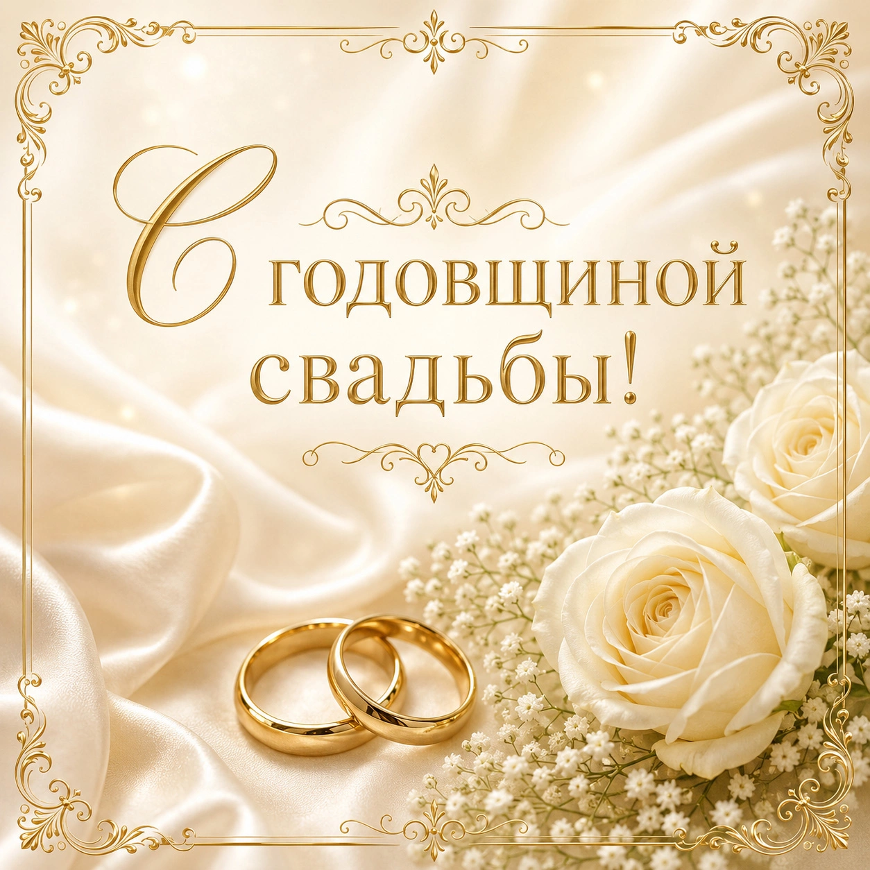 Элегантная открытка с золотой рамкой и поздравлением с годовщиной свадьбы