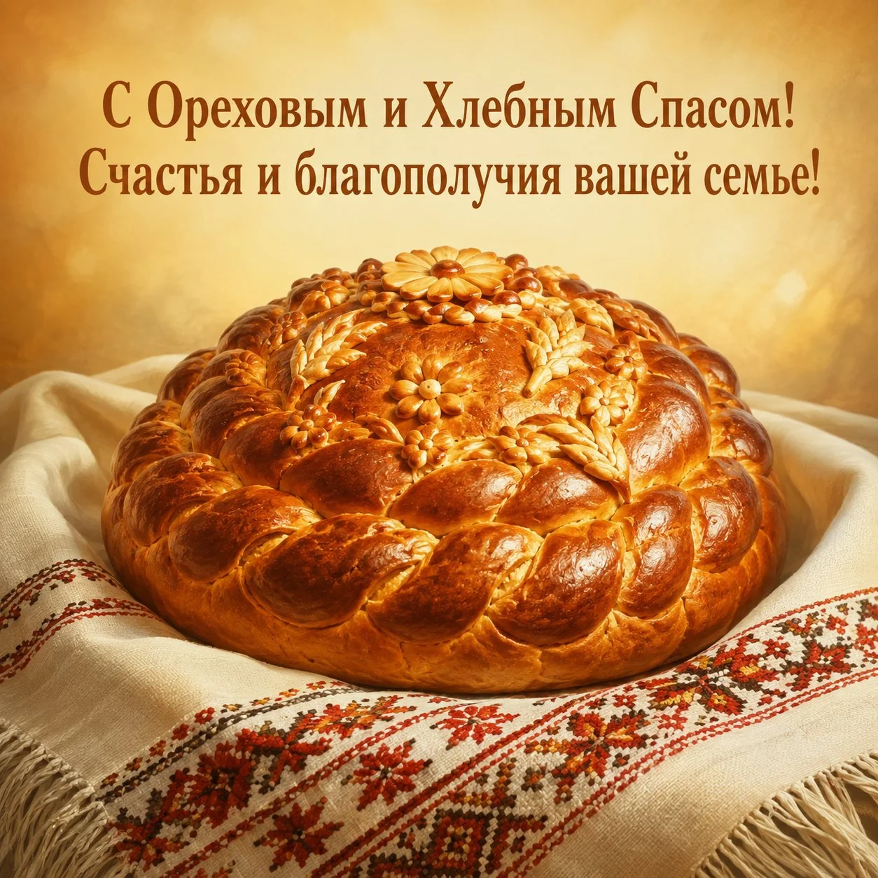 Уютная открытка на Ореховый и Хлебный Спас с пожеланием счастья