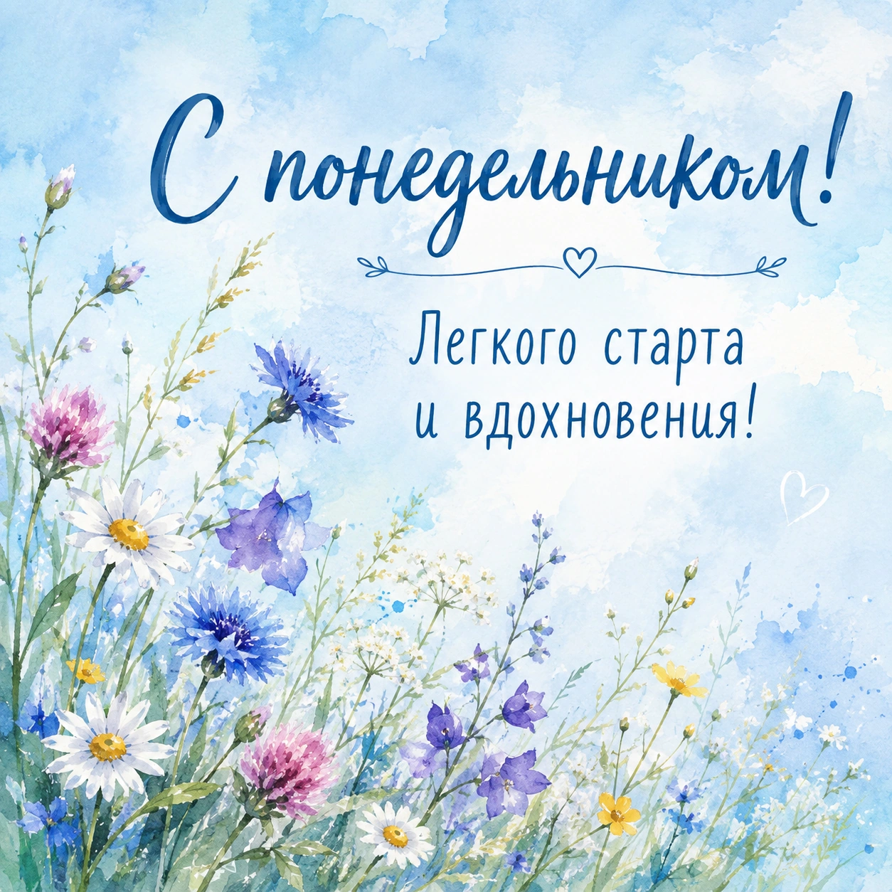 Акварельная открытка с полевыми цветами и пожеланием хорошего понедельника