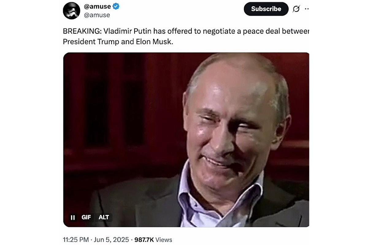 Подпись: «Срочные новости: Владимир Путин предложил выступить посредником для заключения мира между Дональдом Трампом и Илоном Маском»