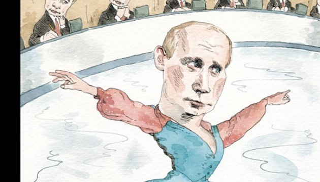 Американский еженедельник, знаменитый своими обложками и любящий помещать на них провокационные карикатуры, на этот раз представил миру президента Владимира Путина, выполняющего номер на льду, под строгим взглядом судей, каждый из которых сам является В.Путиным. "Судья своих равных" - так назвал карикатуру сам художник, отметив, что "Мистер Путин - просто подарок для карикатуриста". 