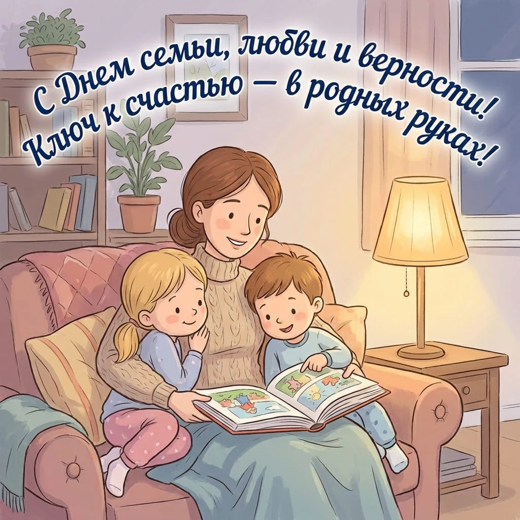 Добрая открытка с надписью «С Днем семьи, любви и верности! Ключ к счастью − в руках родных!»