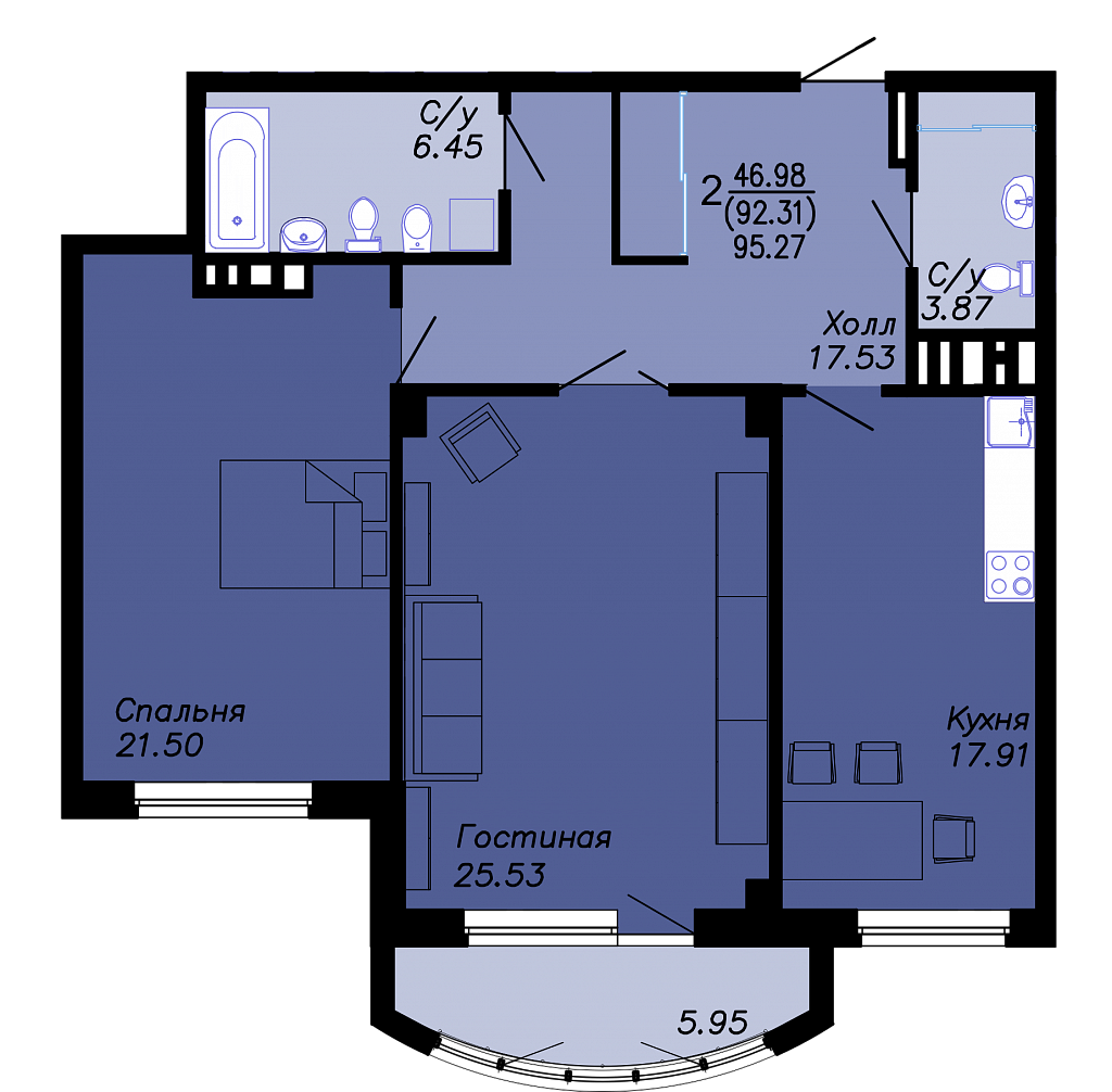Планировка двухкомнатной квартиры в доме на Гражданской, 11, общей площадью 95,27 кв. м