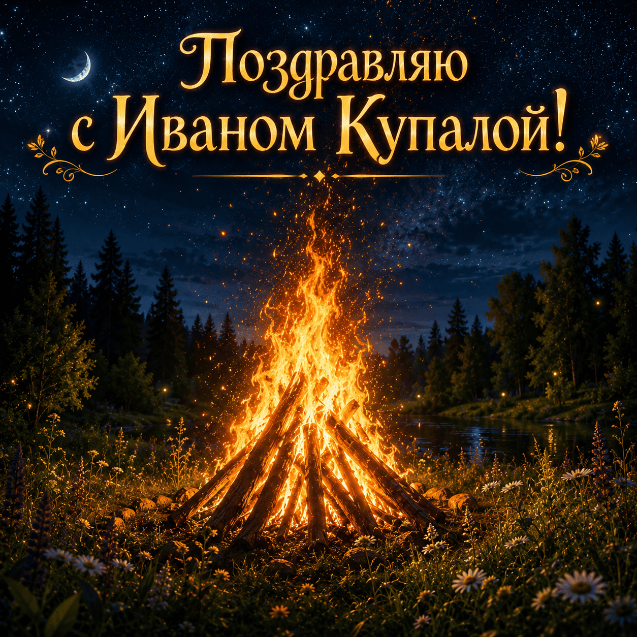 Открытка с большим костром и надписью «Поздравляю с Иваном Купалой!»