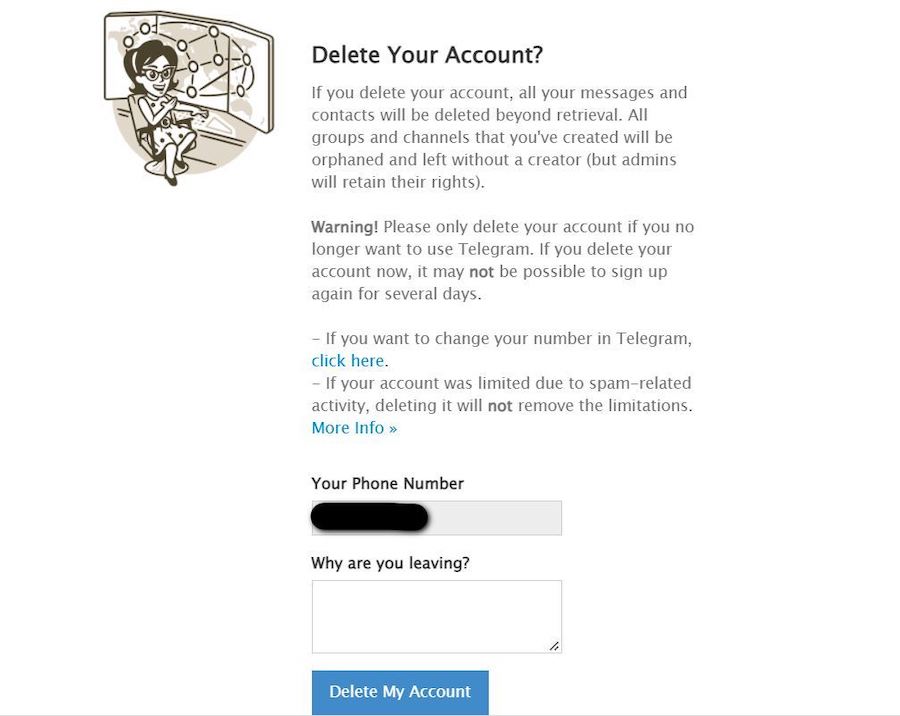Удаление аккаунта (по желанию можно указать причину)

