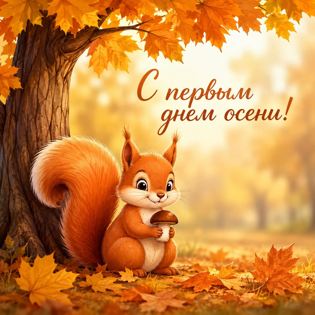 Прикольная открытка с первым днем осени с белкой