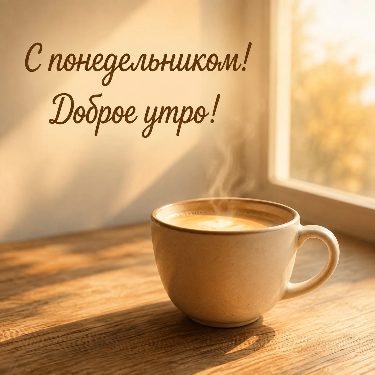 Уютная открытка с кофе и надписью «С понедельником! Доброе утро!»
