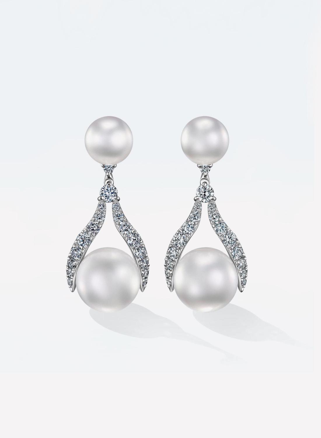 Серьги &laquo;Коронация&raquo;, белое золото, жемчуг, бриллианты, Posie