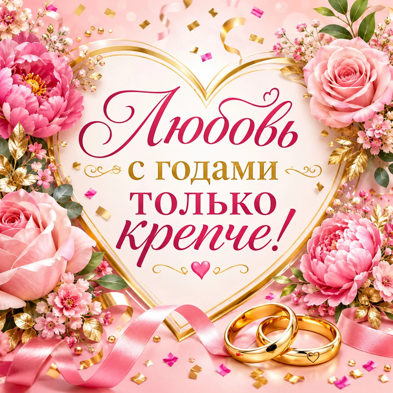 Яркая открытка с годовщиной свадьбы с поздравлением «Любовь с годами только крепче!»