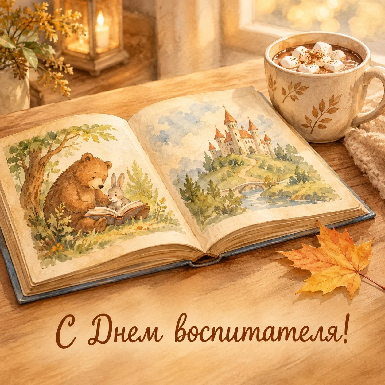 Уютная открытка с Днем воспитателя и книгой сказок