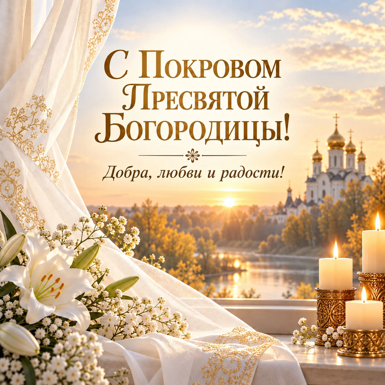 Поздравительная открытка к Покрову Пресвятой Богородицы с пожеланием добра, любви и радости