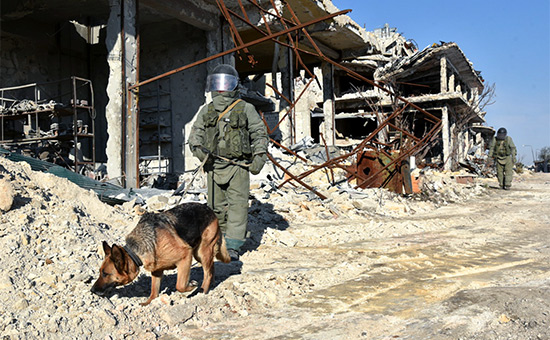 Сапер Международного противоминного центра ВС РФ разминирует территории в&nbsp;Алеппо
