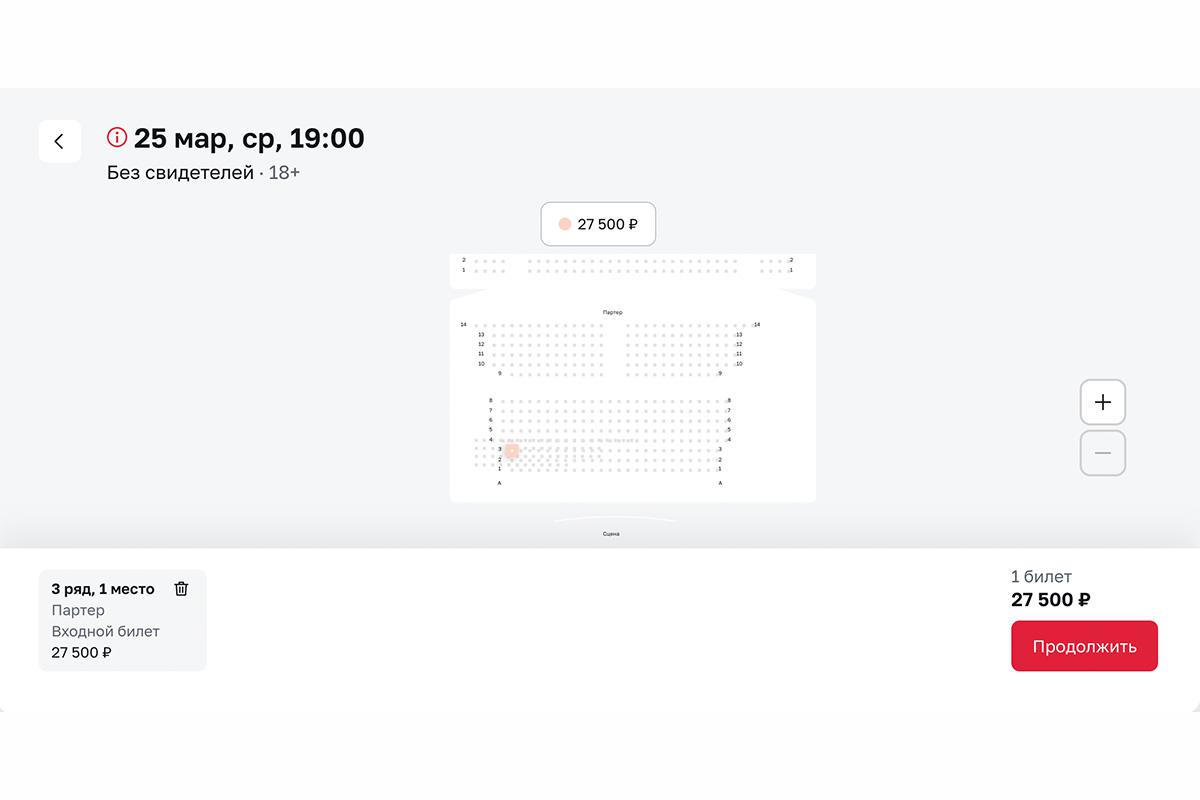 Места в зале на постановку «Без свидетелей» в театре «Мастерская «12» Никиты Михалкова»