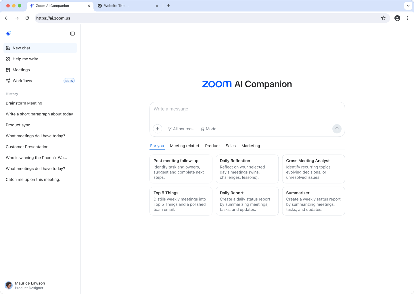 Новый интерфейс Zoom AI Companion