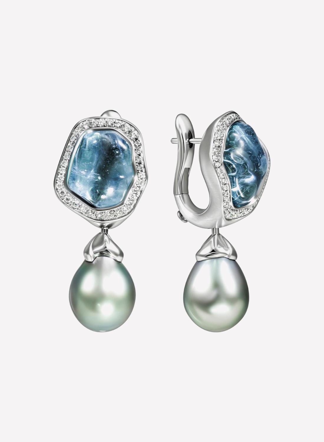 Серьги Spectrum, белое золото, серебристый жемчуг, аквамарины, бриллианты, Mousson Atelier