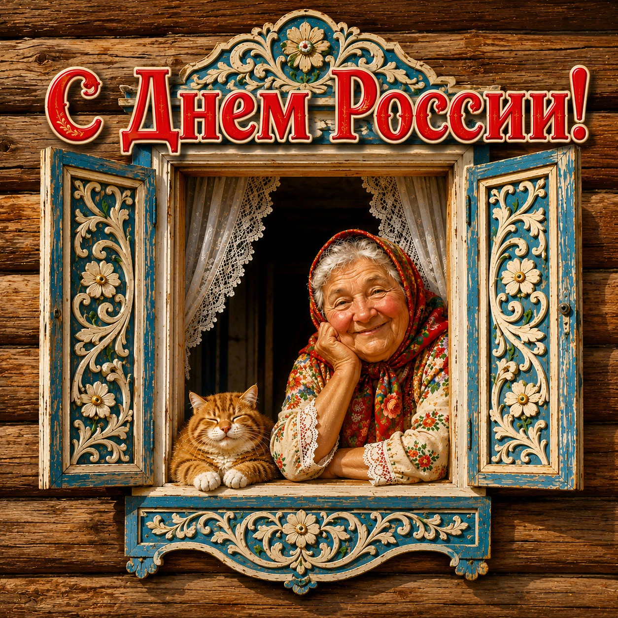 Открытка с бабушкой и рыжим котом в деревенском доме