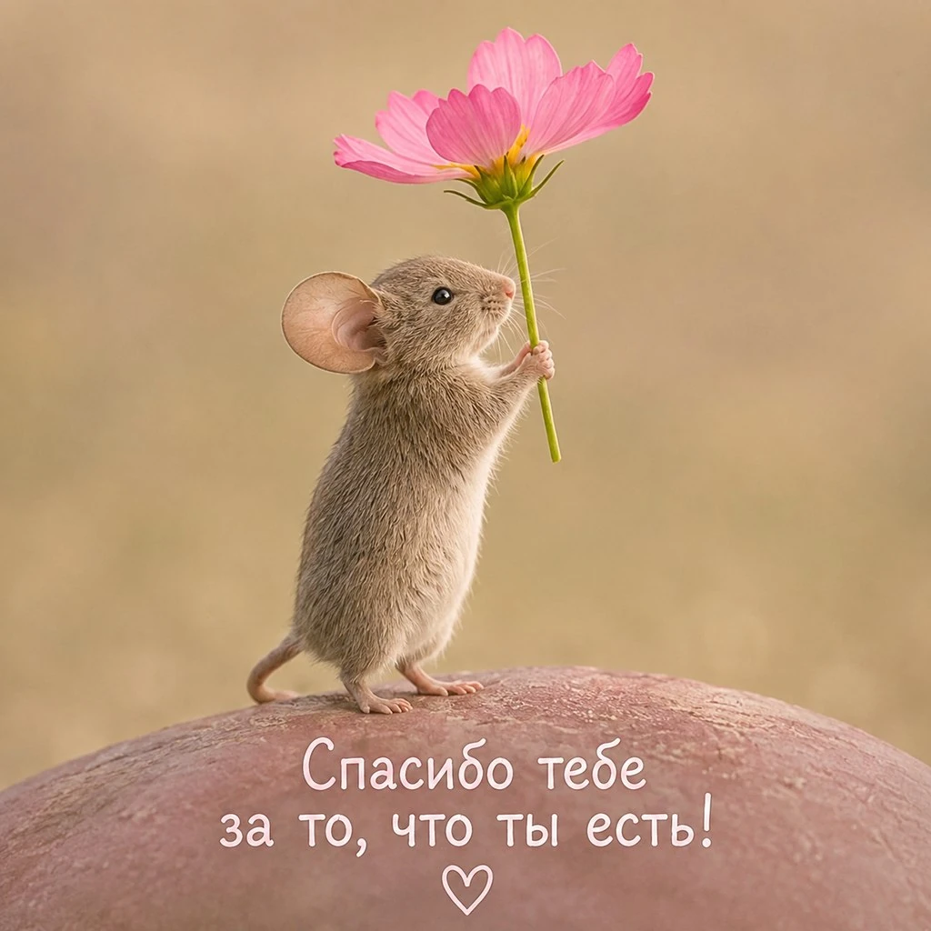 Милая открытка для поднятия настроения с мышкой и цветком