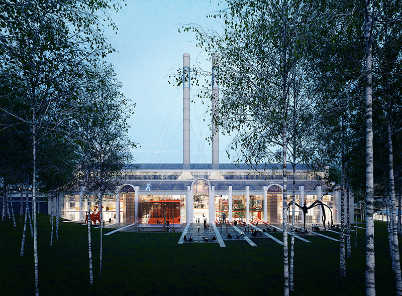 Эскиз внешнего вида ГЭС-2 и прилегающей березовой рощи со стороны Патриаршего моста (проект Renzo Piano Building Workshop)