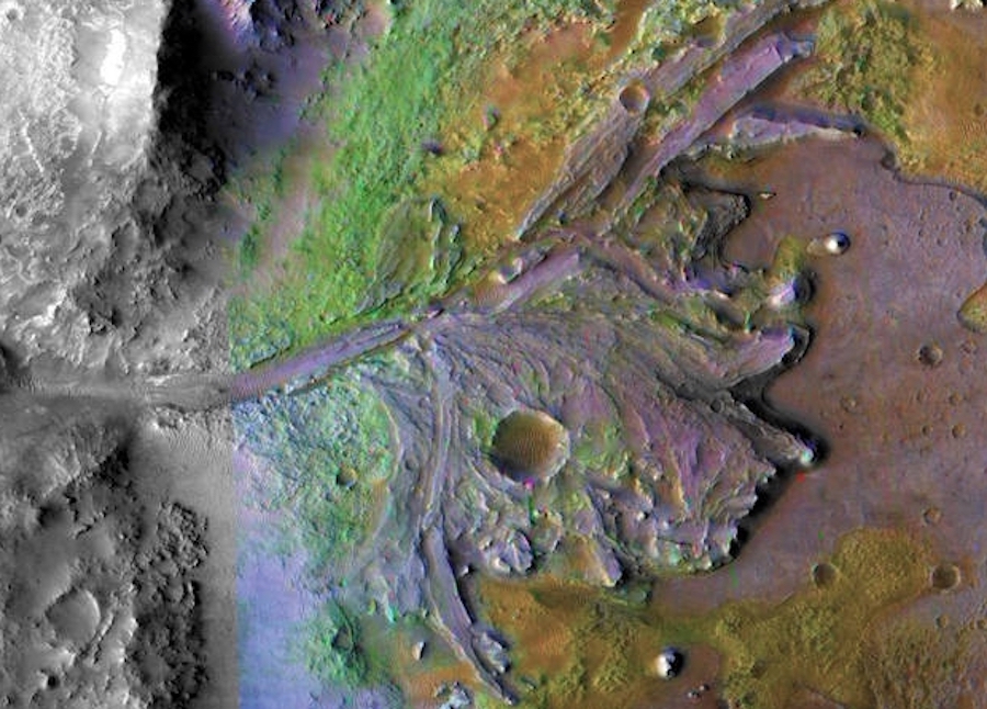 Район кратера Езеро. Цветом выделены области с минералами и карбонатами, подвергшимися воздействию воды

&nbsp;