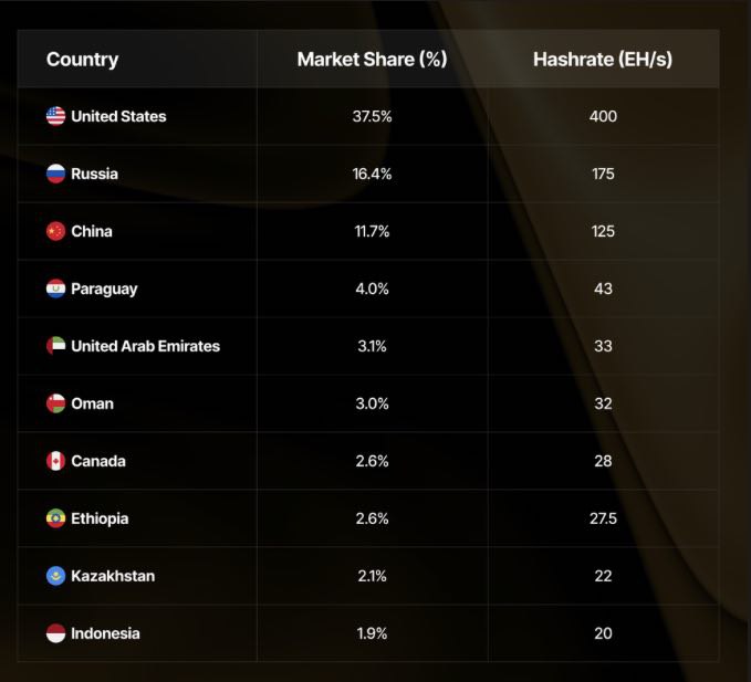 Десять стран с самым высоким хешрейтом в сети биткоина. Источник: Hashprice Index