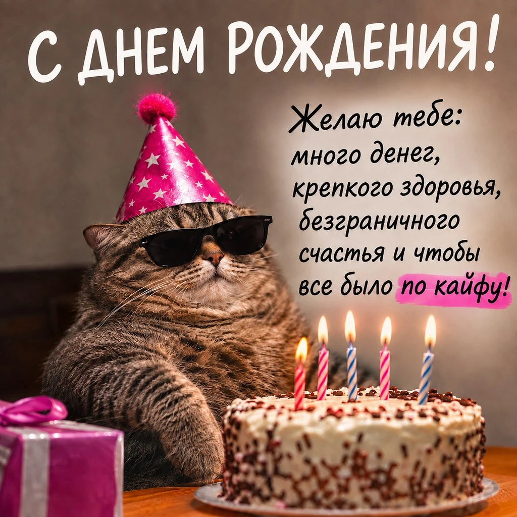 Прикольная открытка с днем рождения с котом в очках